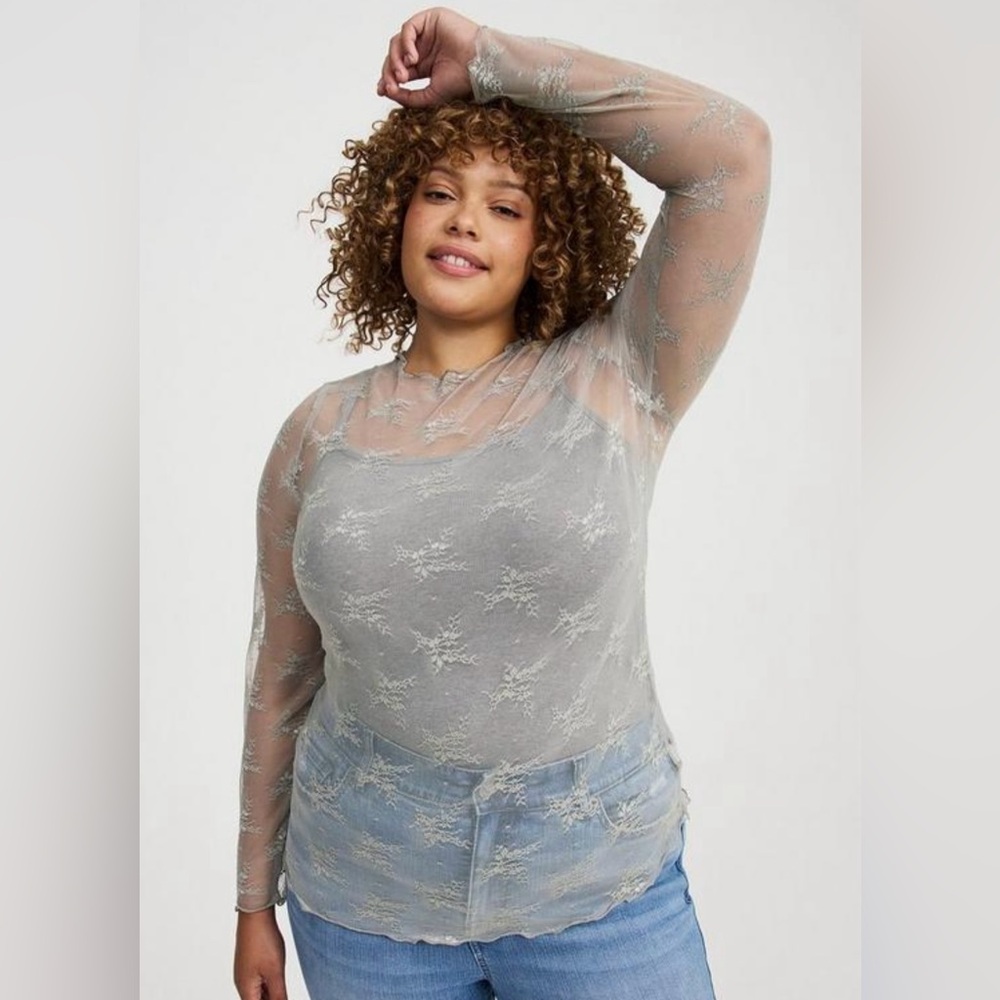 NWT GRAY SHEER LACE CREW LONG SLEEVE TOP